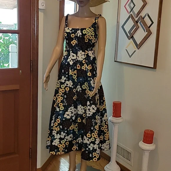 Maeve Antropologies Floral Square-Neck Sundress in Black and Yellow - Picture 3 of 6